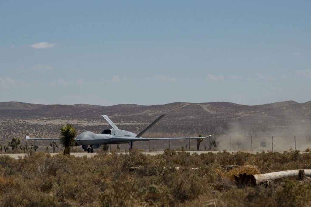 A General Atomics MQ-20 Avenger unmanned vehicle prepares for takeoff at El Mirage Airfield, Calif. June 24, 2021. The goal of the MQ-20’s test flight with the Skyborg Autonomy Core System on board and participation in Orange Flag 21-2 is to demonstrate an open, modular architecture that can autonomously aviate, navigate and communicate safely in a manned-unmanned environment
