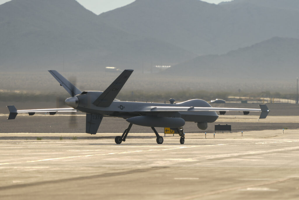 MQ-9 Reaper remotely piloted aircraft taxis towards the runway