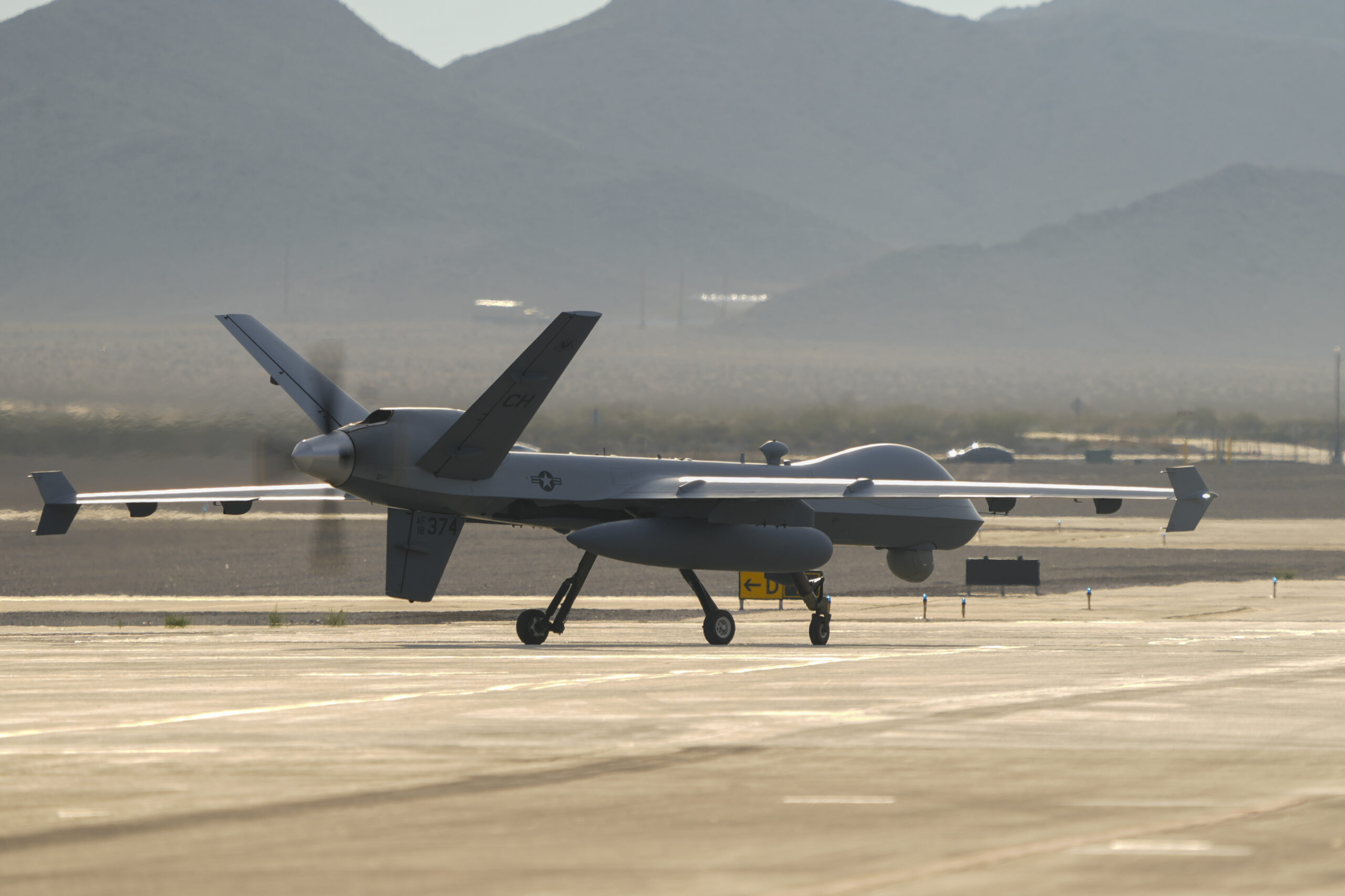 MQ-9 Reaper remotely piloted aircraft taxis towards the runway