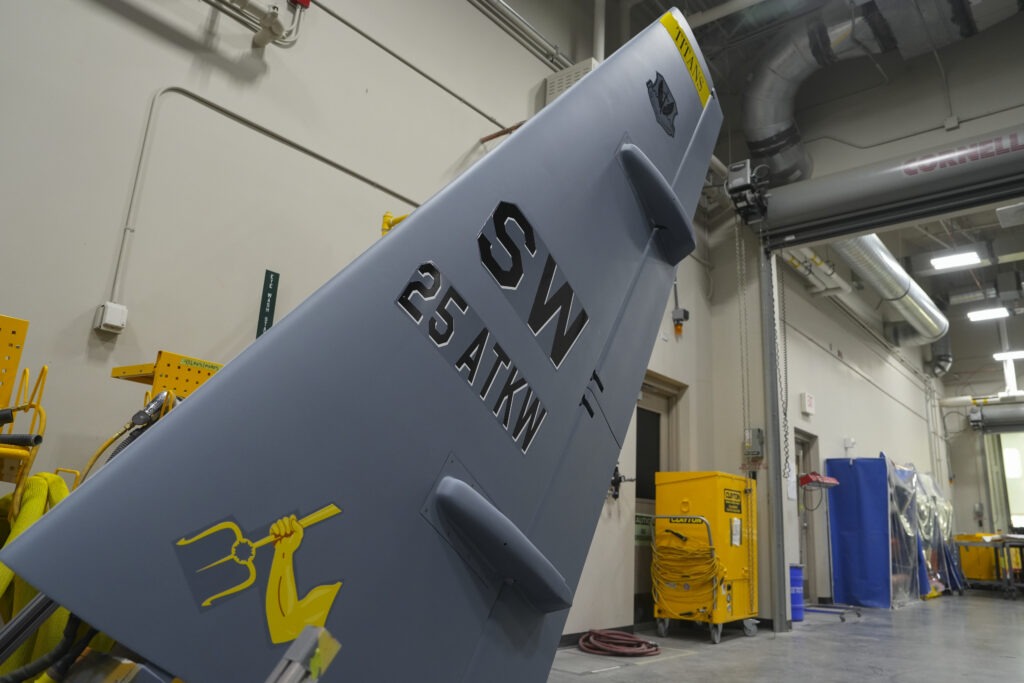 A tail wing for an MQ-9 Reaper remotely piloted aircraft sits after being freshly painted at Creech Air Force Base