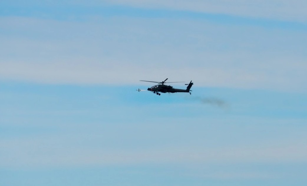 An AH-64Ev6 Apache from the 12th Combat Aviation Brigade fires the Spike NLOS missile in Ustka, Poland.