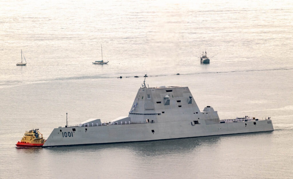 The Zumwalt-class guided missile destroyer USS Michael Monsoor on the coast of San Diego