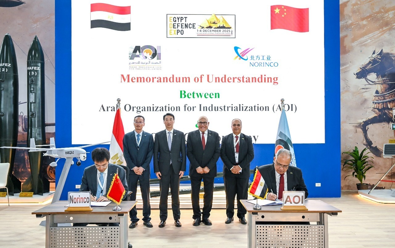 Officials of Egypt’s state-owned Arab Organization for Industrialization and China North Industries Corporation sign agreement to jointly produce armed drones. Photo: Egypt State Information Service