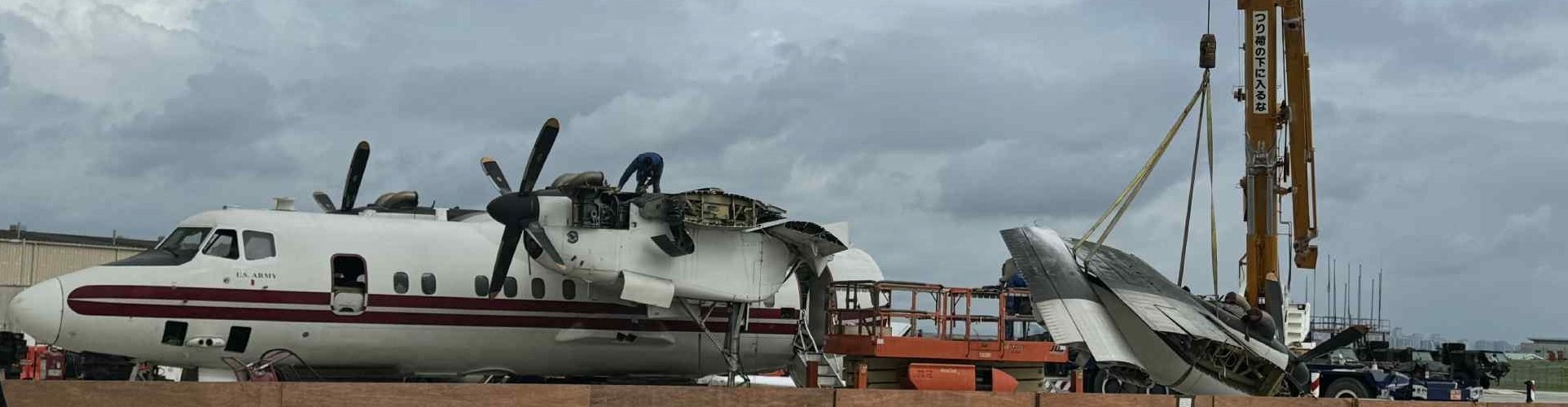 An Airborne Reconnaissance Low-Multifunction (ARL-M) aircraft being demilitarized in August. The ARL-M was first deployed in 1996 to replace the retiring OV-1D Mohawk aircraft. (Photo Credit: U.S. Army Photo)