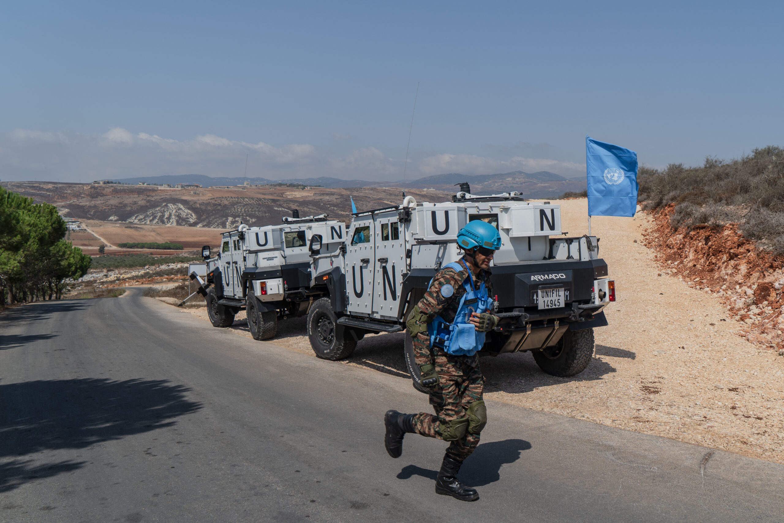 Lebanon, Kfarchouba, 2025-09-26. Patrol with the Indian unit of UNIFIL along the Israeli border, near the village of Kfarchouba, in southern Lebanon. UN peacekeepers have been deployed along the border with Israel since 1978. Photo by Angeline Desdevises / Hans Lucas. Liban, Kfarchouba, 2025-09-26. Patrouille avec l unite indienne de la FINUL le long de la frontiere israelienne, pres du village de Kfarchouba, dans le sud du Liban. Les casques bleus de l ONU sont deployes le long de la frontiere avec Israel depuis 1978. Photographie par Angeline Desdevises / Hans Lucas. (Photo by Angéline Desdevises / Hans Lucas via AFP)