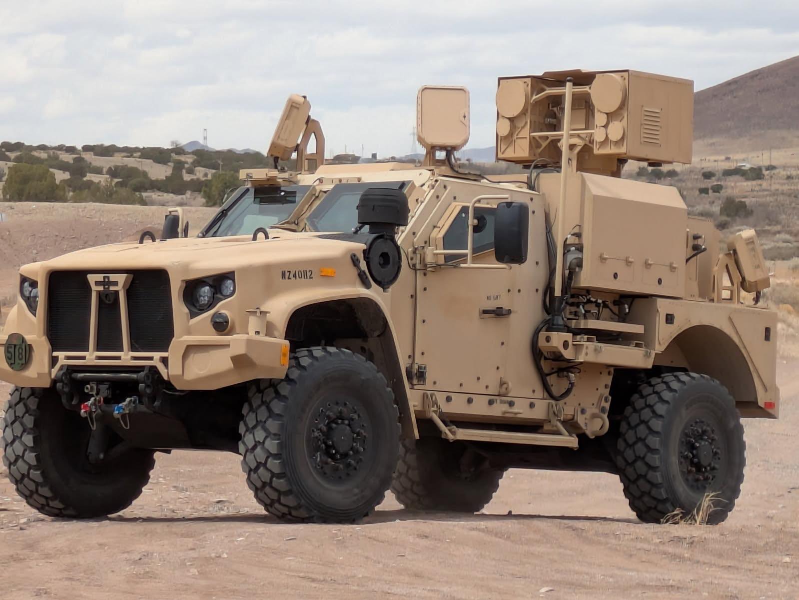 A LOCUST laser weapon system mounted on an Oshkosh Joint Light Tactical Vehicle (JLTV)