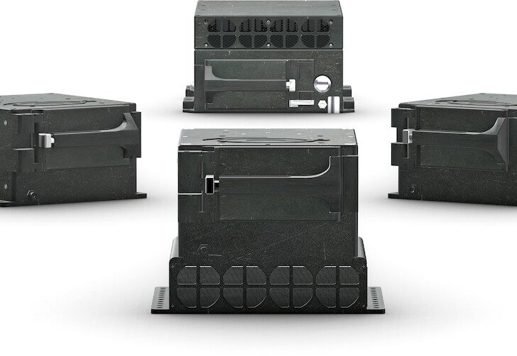 Four ruggedized black Galleon XSR mission computing units arranged in a square, showing front handles and rear cooling fins.