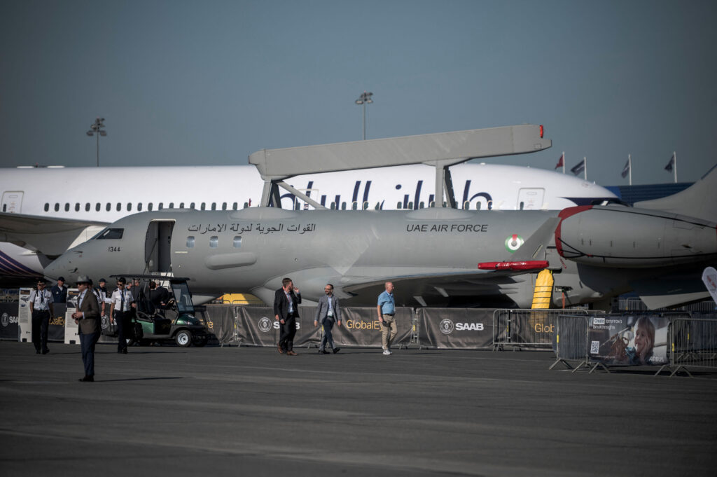 The Saab's GlobalEye featured in the Paris Air Show at the Le Bourget Airport