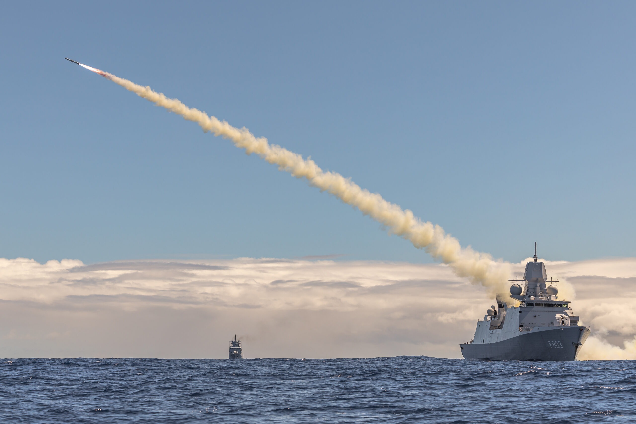Royal Netherlands Navy De Zeven Provincien-class frigate HNLMS Tromp (F803) fires an RGM-84 Harpoon missile during long-planned, live-fire sinking exercise as part of Exercise Rim of the Pacific