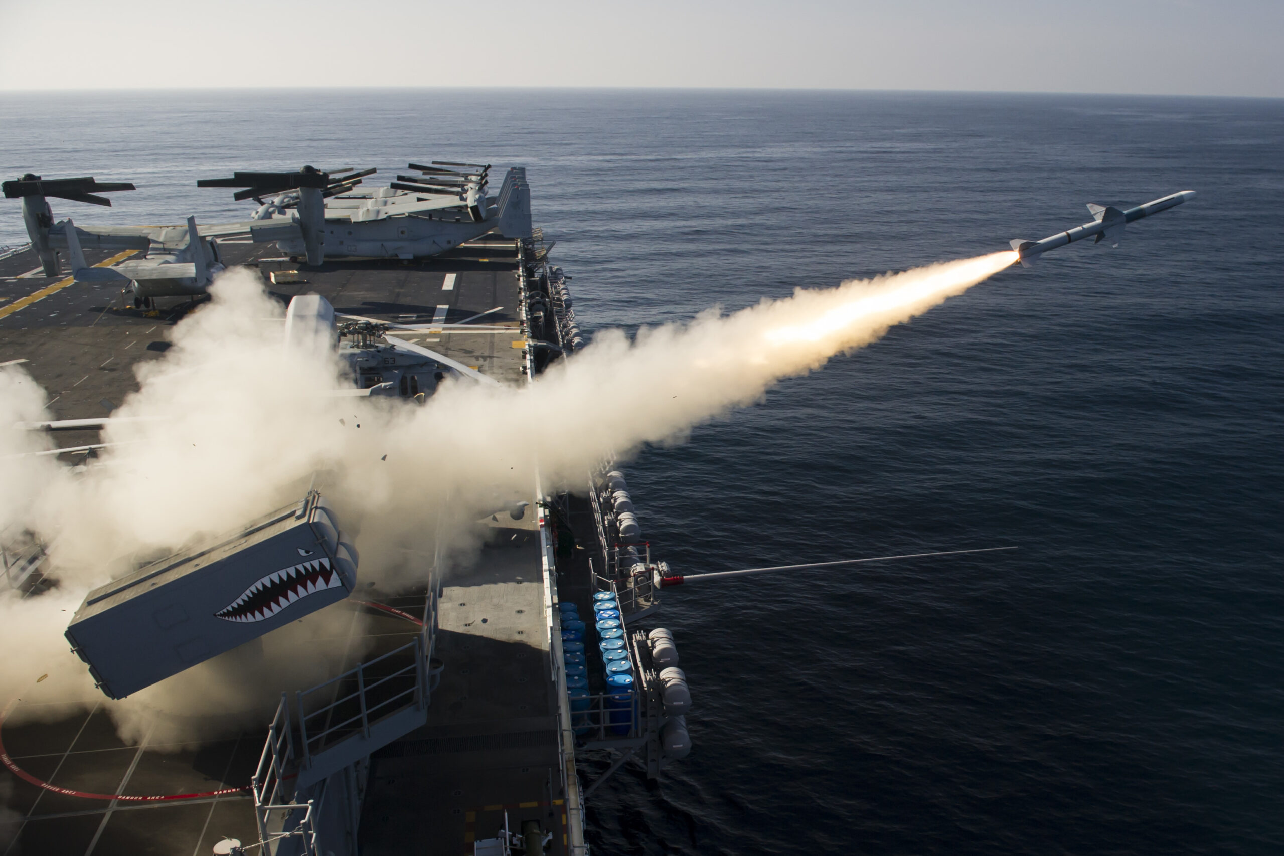 Live fire exercise of the RIM-7 NATO Sea Sparrow Missile aboard Wasp-class amphibious assault ship USS Essex