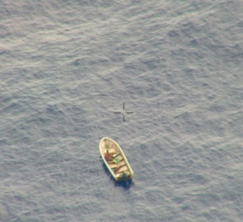 A U.S. Navy, Patrol Squadron 45, P-8A Poseidon Aircraft spots a missing mariner during a Search and Rescue (SAR) mission using ISAR