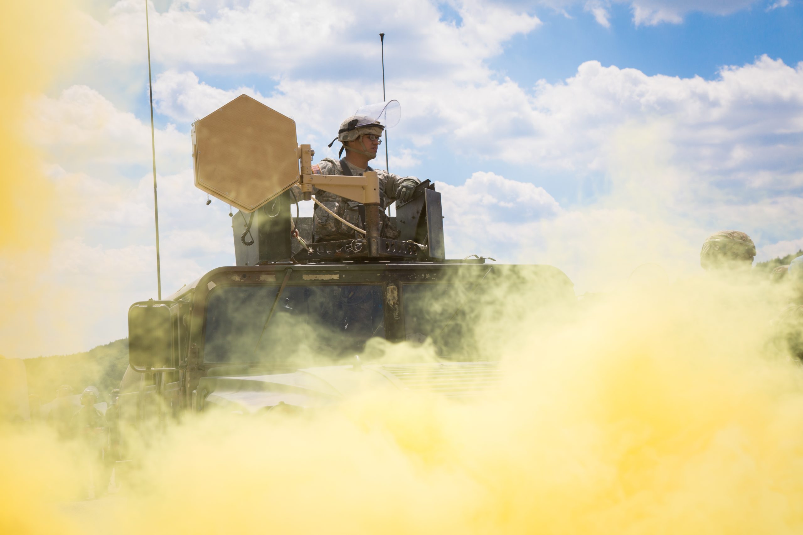 A U.S. Soldier of 82nd Airborne Division utilizes a Long Range Acoustic Device 500 while conducting a crowd riot control scenario during a Kosovo Force (KFOR) mission rehearsal exercise (MRE) at the Joint Multinational Readiness Center in Hohenfels, Germany, July 5, 2017. The KFOR MRE 23 is designed to prepare the 39th Infantry Brigade Combat Team for their deployment to Kosovo in support of civil authorities to maintain a safe and secure environment. KFOR MRE 23 hosts 900 soldiers from 10 nations. The exercise runs from June 19 through July 11 in Hohenfels, Germany. (U.S. Army photo by Spc. Randy Wren)
