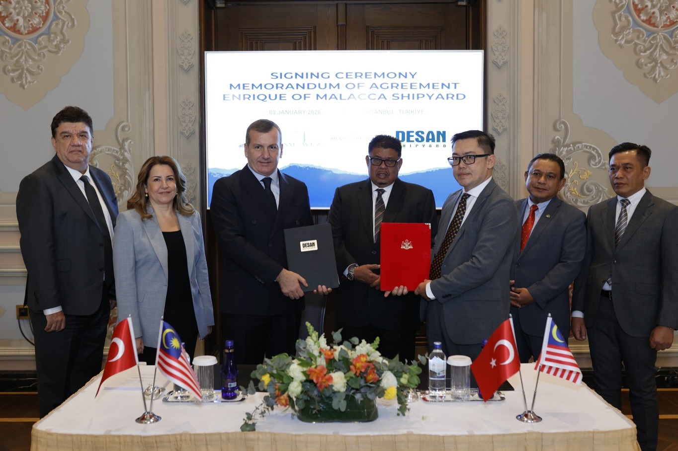 Desan and Malaysian officials at the Straits of Melaka Waterfront Economic Zone shipyard signing ceremony. Photo: Desan Shipyard