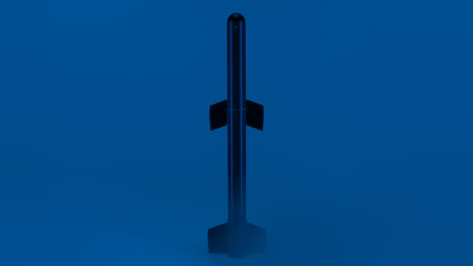A black rocket, resembling a sleek dart with four fins, stands upright against a blue background, its base partially shrouded in mist or fog.