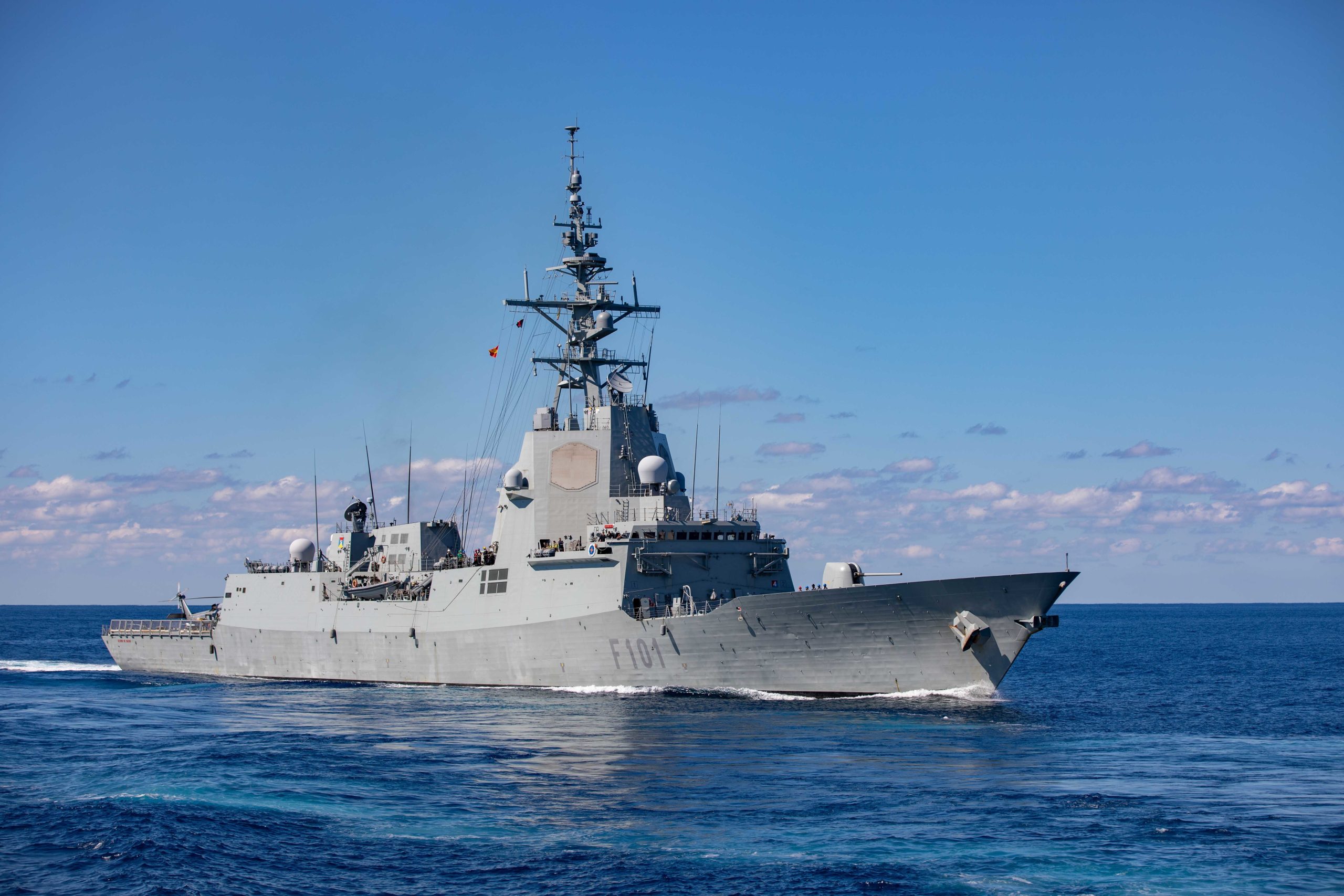 The Spanish Armada guided-missile frigate Álvaro de Bazán, pictured, steams alongside the Arleigh Burke-class guided-missile destroyer USS Ramage (DDG 61) prior to a replenishment-at-sea as part of the Gerald R. Ford Carrier Strike Group, Oct. 7, 2022. The first-in-class aircraft carrier USS Gerald R. Ford (CVN 78) is on its inaugural deployment conducting training and operations alongside NATO Allies and partners to enhance integration for future operations and demonstrate the U.S. Navy’s commitment to a peaceful, stable and conflict free Atlantic region. (U.S. Navy photo by Mass Communication Specialist 2nd Class Sawyer Connally)