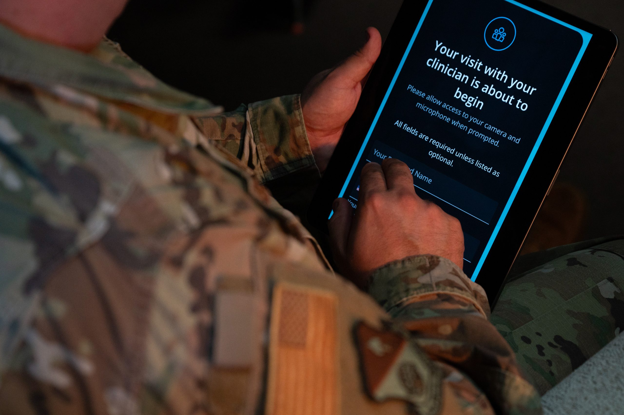 An Air Commando from the 27th Special Operations Wing logs onto the 27th Special Operations Group’s new telehealth system at Cannon Air Force Base, New Mexico, March 5, 2025. This service allows Air Commandos to access mental health care, regardless of their physical location, creating greater accessibility to deployed Airmen. (U.S. Air Force Photo by Senior Airman Corinna Morlan)