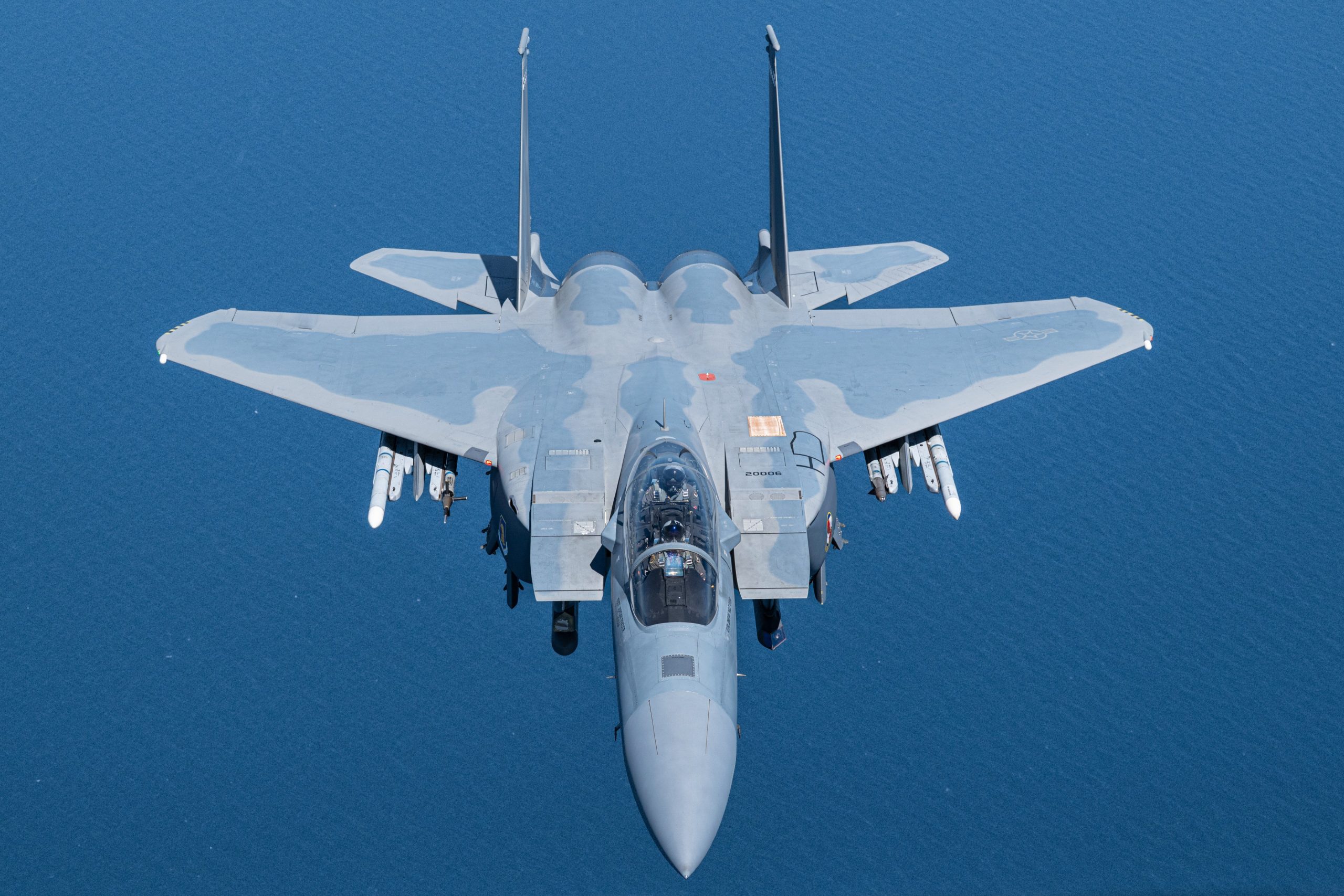 A U.S. Air Force F-15EX Eagle II flies over the Gulf of America, September 16, 2025. The F-15EX, from the 40th Flight Test Squadron at Eglin Air Force Base, Florida, is one of the first F-15EXs in the Air Force, and is going through developmental and operational test series at Eglin to confirm its operational capabilities before it is delivered to the combat Air Force. (U.S. Air Force photo by Tech Sgt. Jacob Stephens)