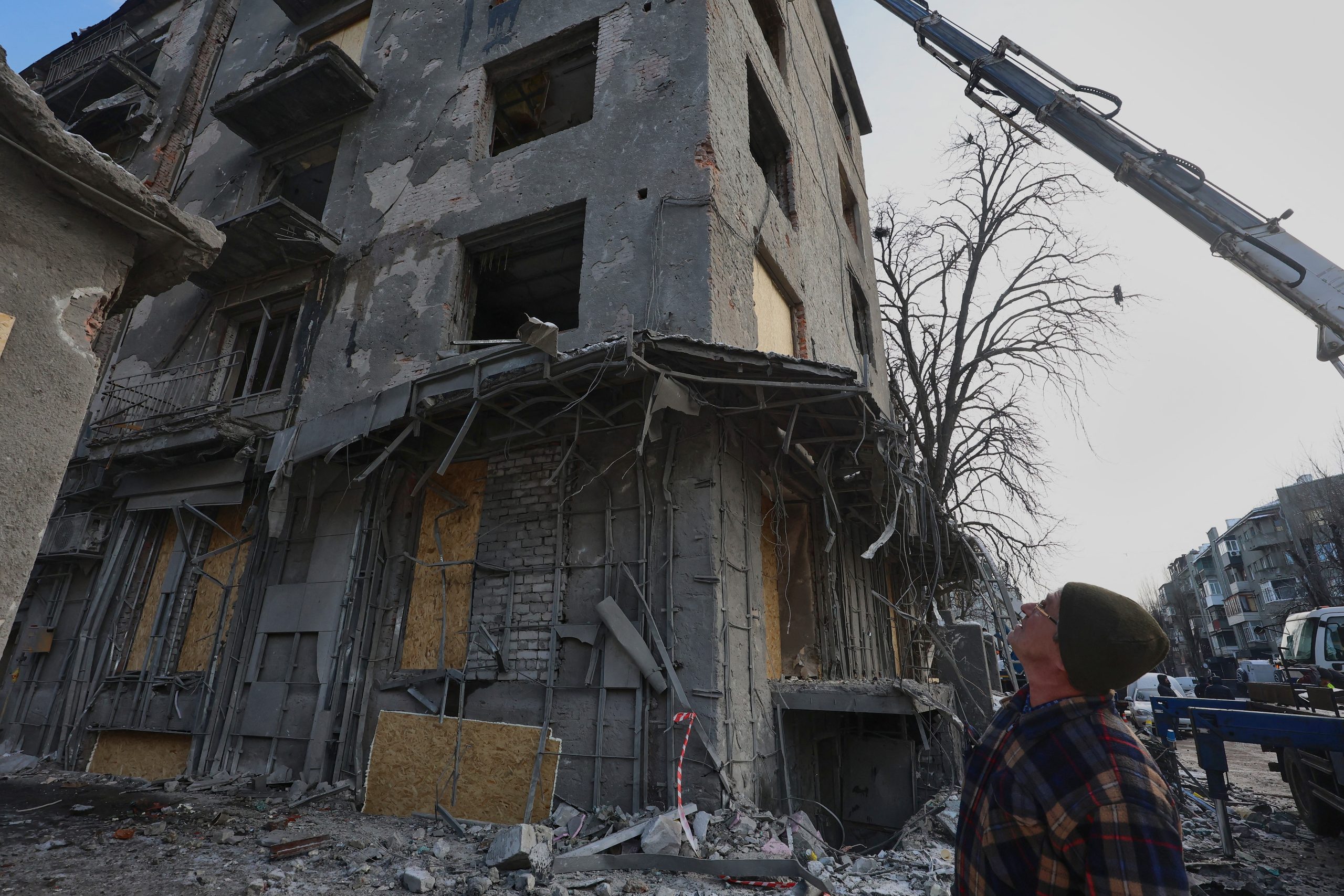 A multi-storey residential building is damaged as a result of a Russian missile strike in Kharkiv, Ukraine, on January 4, 2026