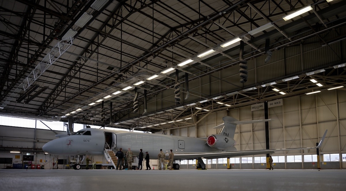 A US Air Force EA-37B Compass Call aircraft parked at Ramstein Air Base, Germany, as part of its first stop in the European theater for a scheduled road show