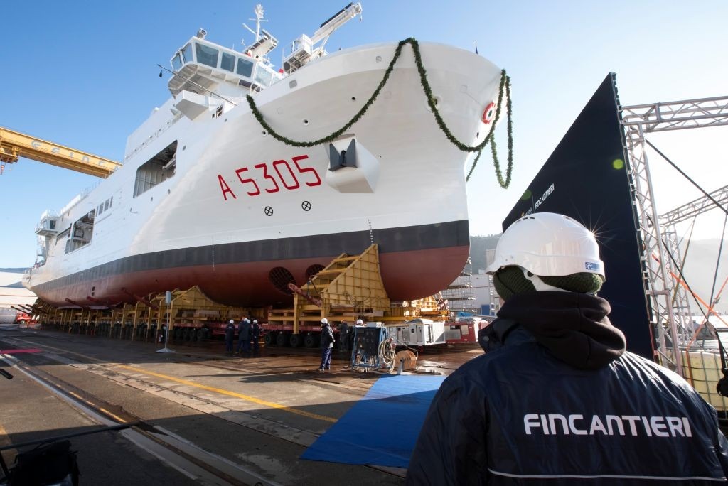 Hydro-oceanographic ship Quirinale in Fincantieri's shipyard.