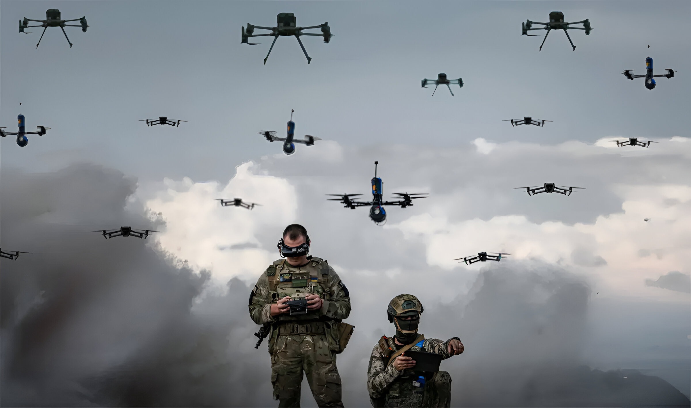 Two Ukrainian soldiers stand proudly in front of a lineup of military drones, showcasing their advanced technology.