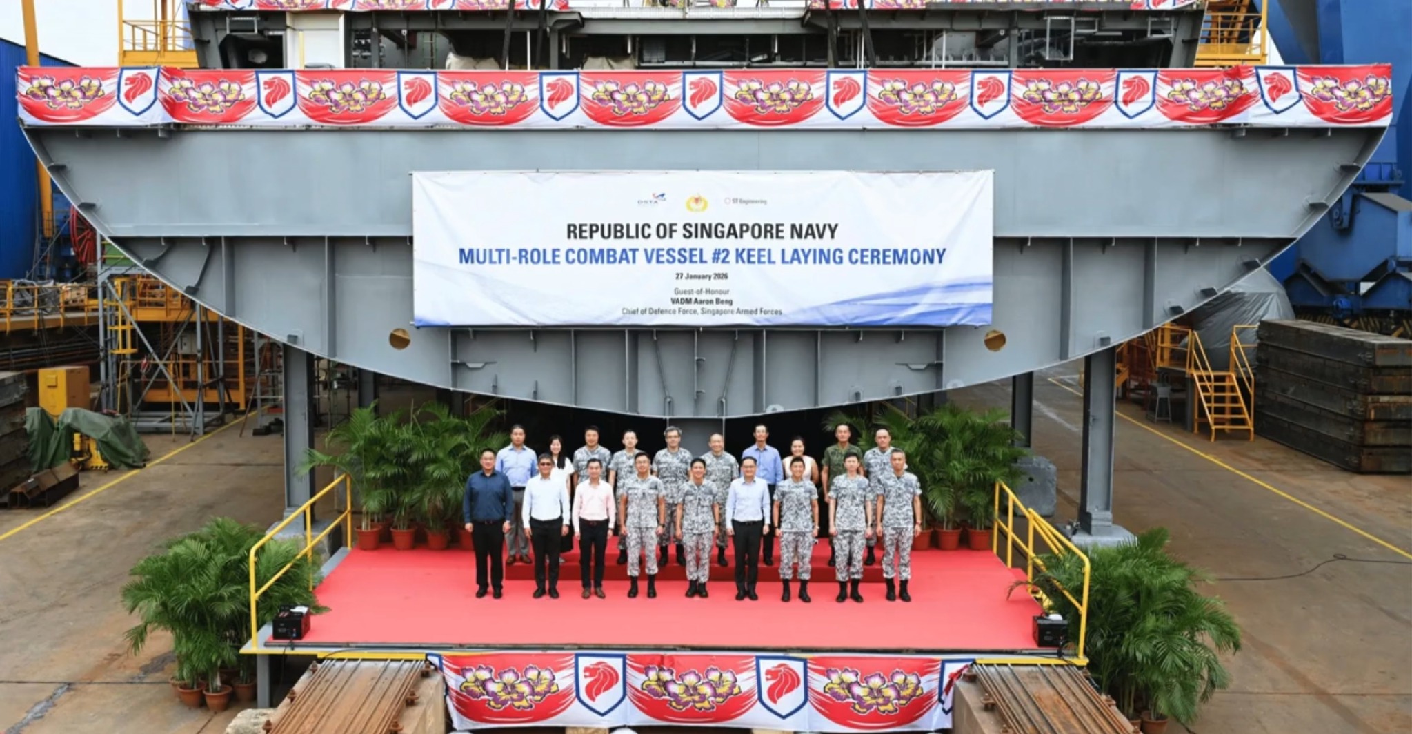 ST Engineering and Republic of Singapore Navy's representatives at the keel-laying ceremony of the second Victory-class Multi-Role Combat Vessel