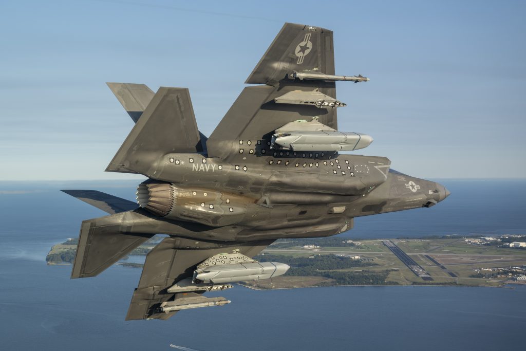 An F-35 Lightning II test pilot conducts flight test Sept. 9 to certify the carrier variant of the fighter aircraft for carrying the AGM-158C Long-Range Anti-Ship Missile (LRASM).
