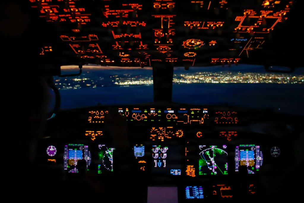 Dashboard showing the controls of a U.S. Navy P-8A Poseidon assigned to the “Fighting Marlins” of Patrol Squadron (VP) 40 as it land at Naval Air Station