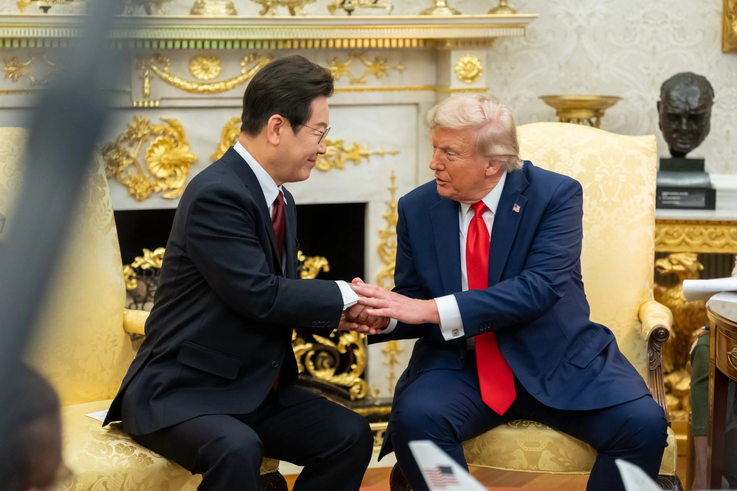 President Donald Trump hosting a bilateral meeting with South Korean President Lee Jae-myung in the White House