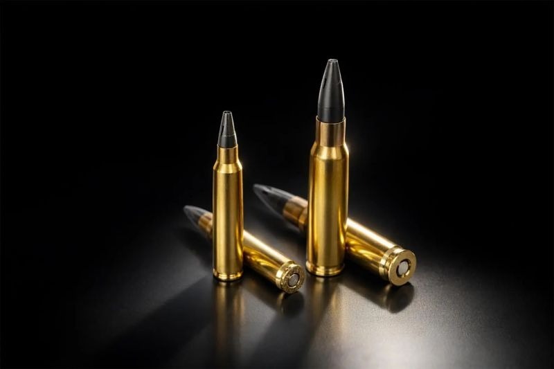Several rifle cartridges with brass casings and pointed bullets displayed against a black background.