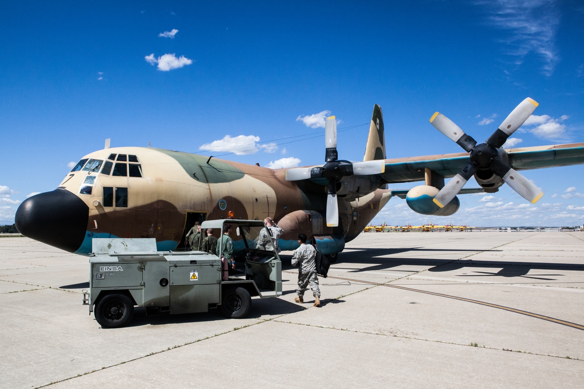 U.S. Army Soldiers from the 982nd Combat Camera Company (Airborne) and 55th Signal Company (Combat Camera) board a C-130 Hercules for an aerial delivery during Operation Skyfall - España, Madrid, Spain, May 5, 2015. Operation Skyfall - España is an exercise initiated and organized by the 982nd Combat Camera Company and hosted by the Brigada Paracaidista of the Spanish army. The exercise is a bilateral subject matter exchange focusing on interoperability of combat camera training and documentation of airborne operations. (U.S. Army photo by Staff Sgt. Justin P. Morelli / Released)