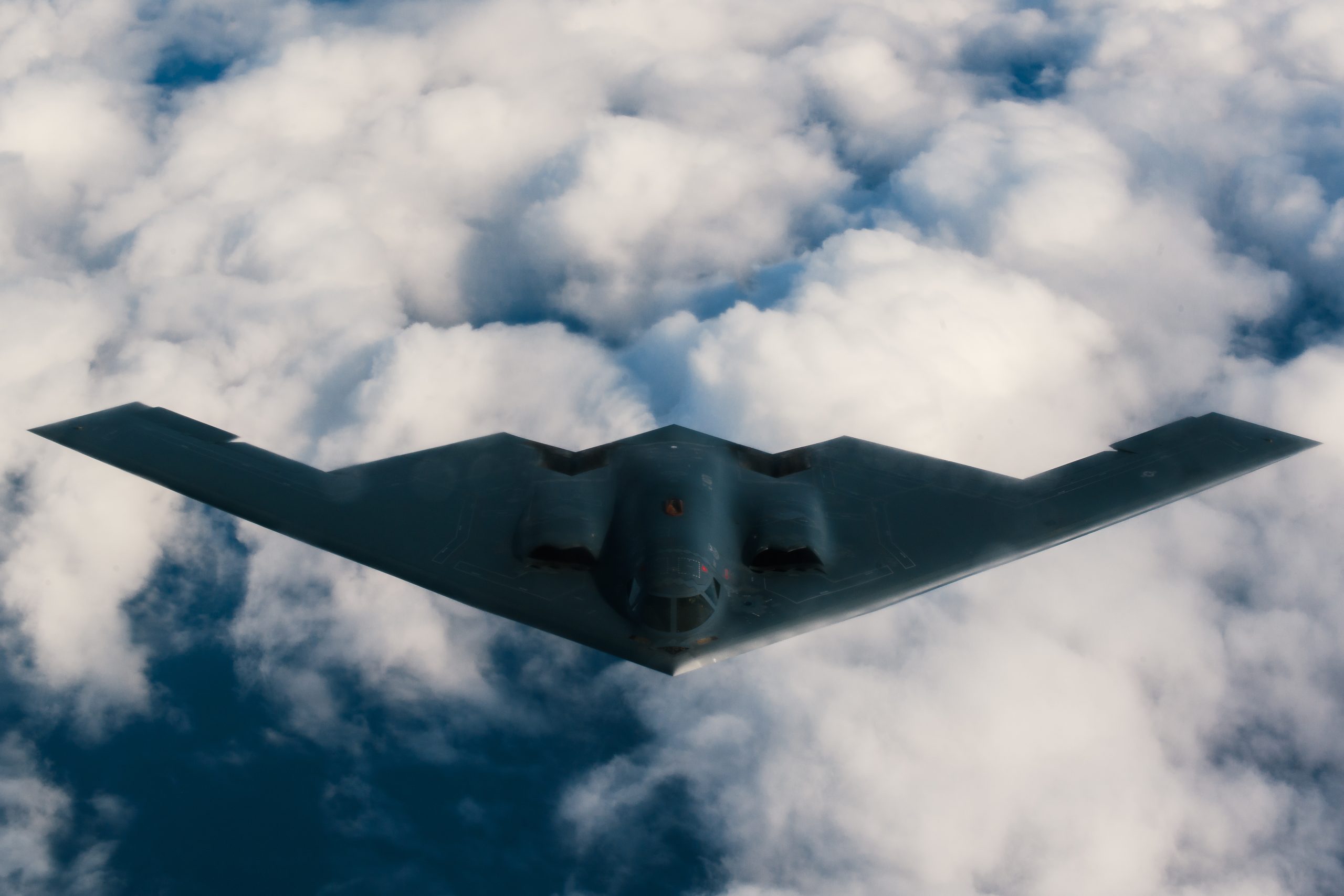 A U.S. Air Force 509th Bomb Wing B-2 Spirit approaches a 351st Aerial Refueling Squadron KC-135 Stratotanker during the Bomber Task Force training exercise over England, Aug. 29, 2019. The BTF consists of Airmen and support equipment from the 509th BW, Whiteman Air Force Base, Missouri, deployed to The United States Air Forces in Europe – Air Forces Africa to conduct theater integration and flying training. (U.S. Air Force photo by Staff Sgt. Jordan Castelan)