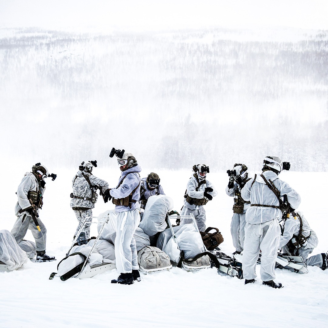 Pictured: Troops from 45 Commando during a troop insertion exercise. Royal Marines insert by Helicopter during exercise in Norway. A pair of Merlin Mk4 Helicopters from 845 Naval Air Squadron inserted Royal Marine troops from 45 Commando based at Camp Viking into an exercise area in the Mauken mountain range of Norway during Operation Clockwork 25. The troop insertion was part of Exercise Reindeer 1. The UK has conducted cold-weather training in Norway for over 50 years and is a committed and capable pa