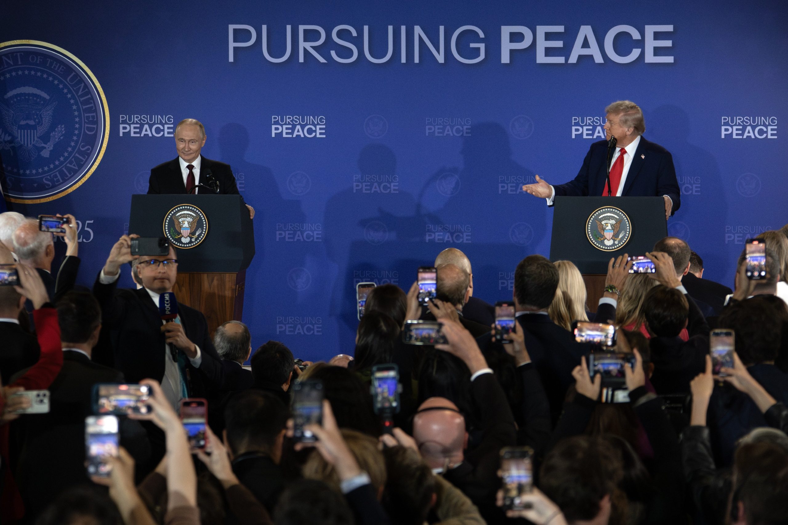 U.S. President Donald J. Trump and Russian President Vladimir Putin speak at a press conference during a summit at Joint Base Elmendorf-Richardson, Alaska, Aug. 15, 2025. (Alaska National Guard photo by Alejandro Peña)