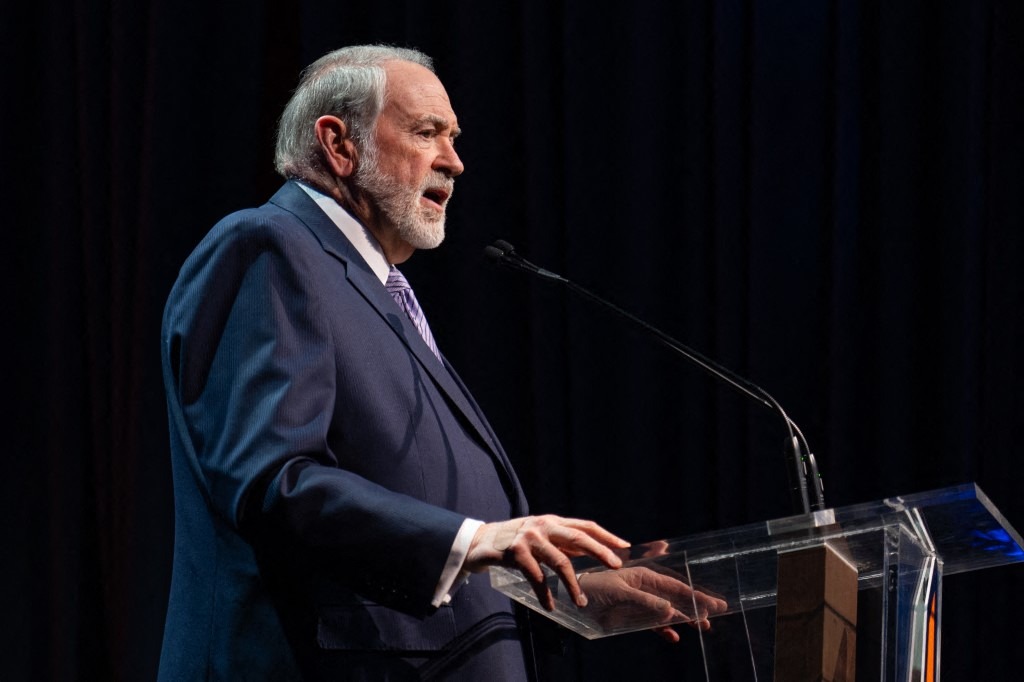 Mike Huckabee speaks to the crowd at One Israel Fund's 30th anniversary gala at the Ziegfeld Ballroom in New York, NY, on December 19, 2024.