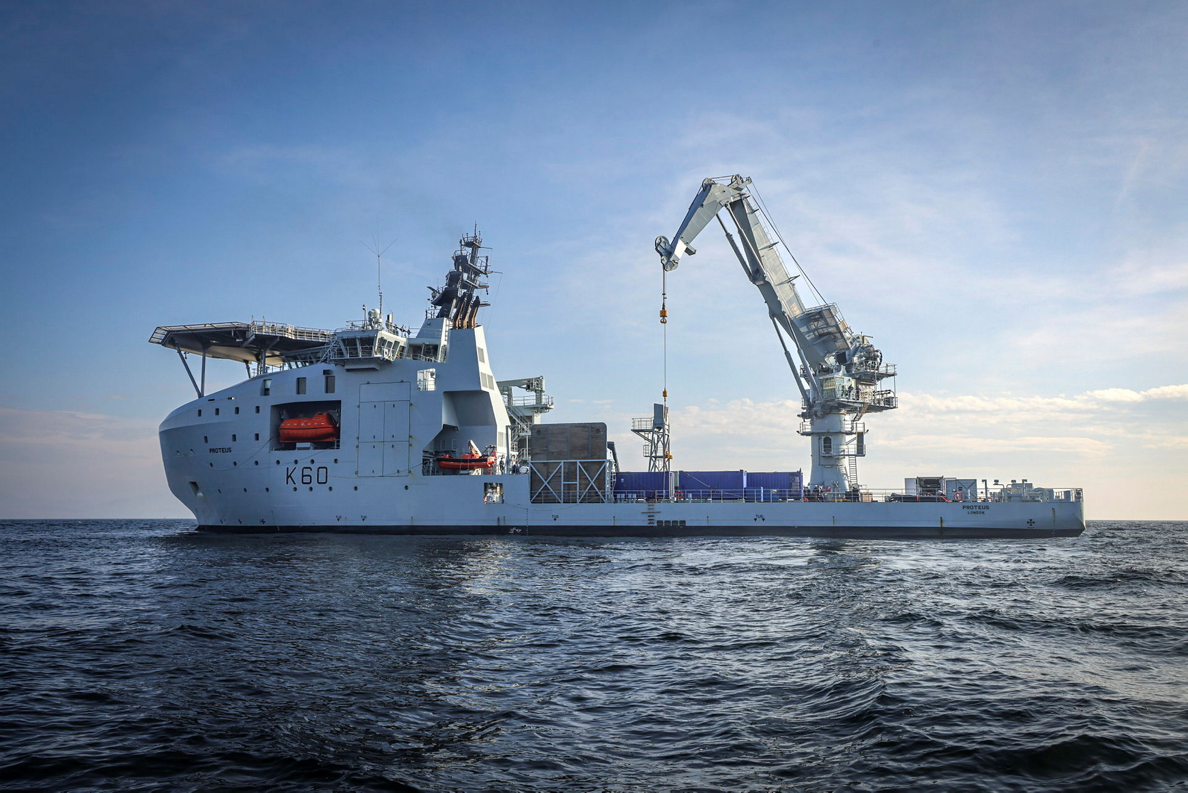 Image of RFA Proteus, the first of a new generation of survey and surveillance ships harnessing leading-edge technology and dedicated to monitoring underwater in areas of UK sovereign interest.