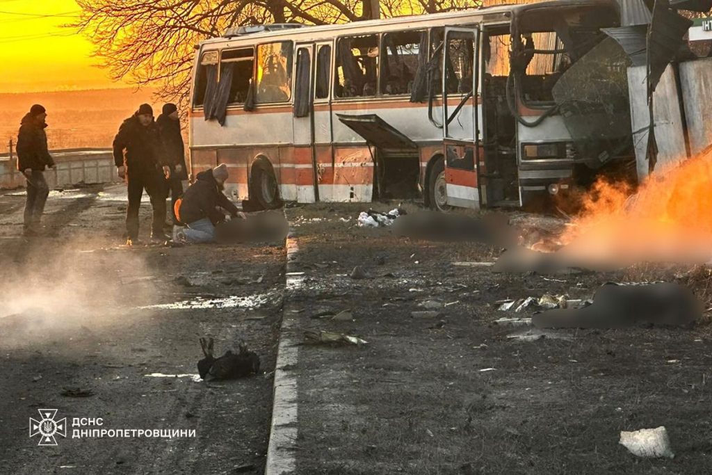 Russian drone attack on a bus carrying mine workers in Ukraine