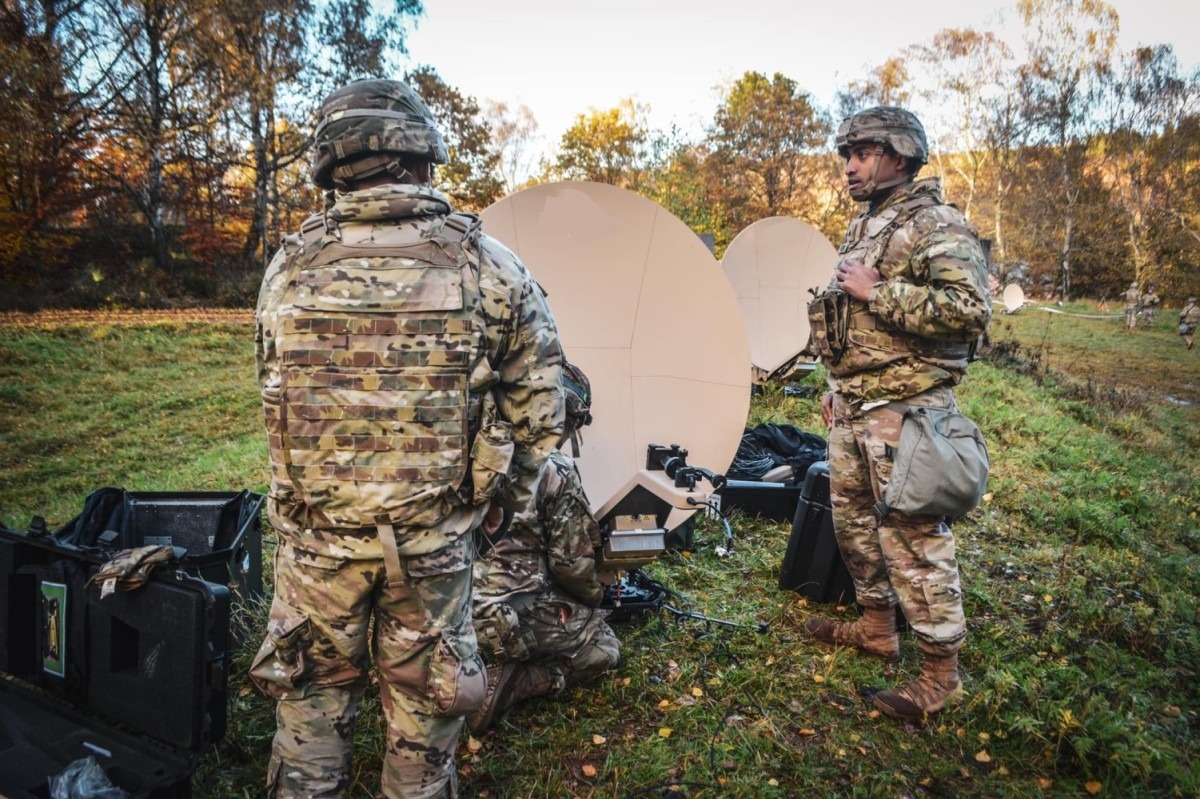 Soldiers surround a satellite network tied to the effort to boost JADC2