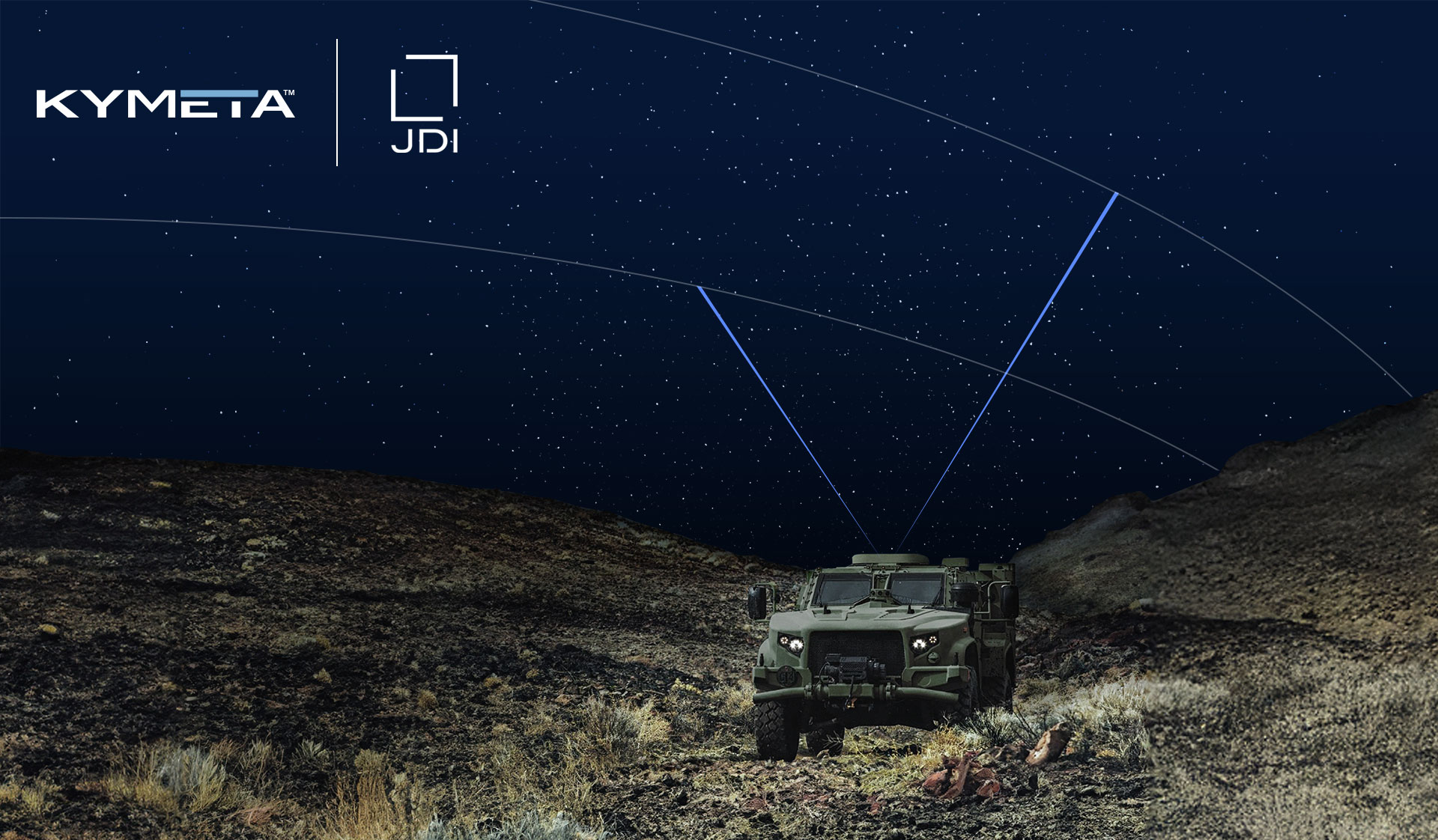 Military vehicle operating at night in rugged terrain, equipped with a satellite terminal linking to overhead satellites for secure communications.