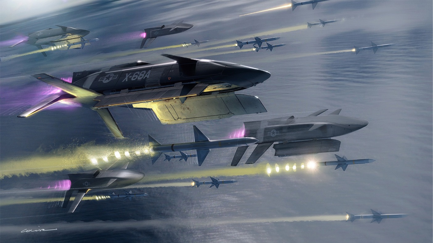 LongShot aircraft releasing air-to-air missiles.