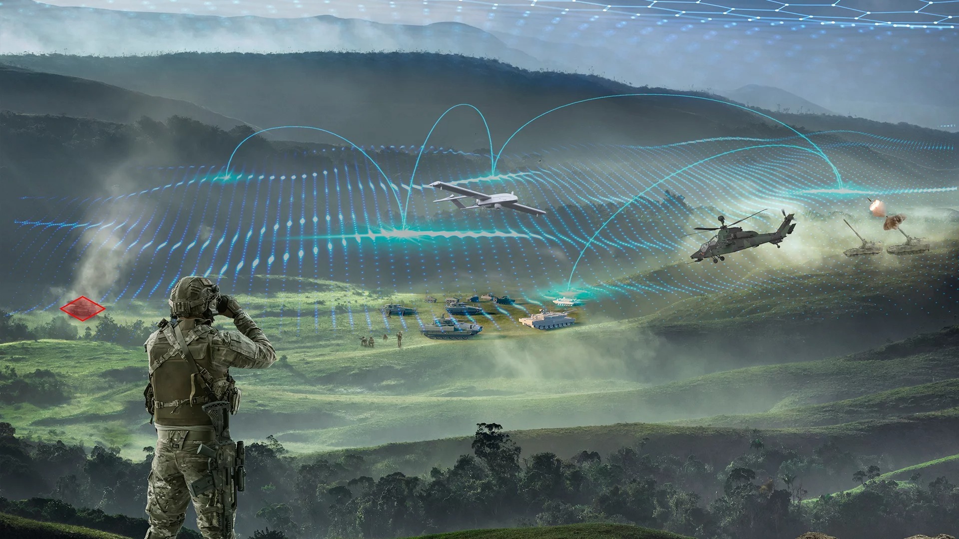 Rheinmetall digital combat system concept showing a soldier observing an integrated battlefield network with synchronized tanks, helicopters, and drones for advanced air defense.