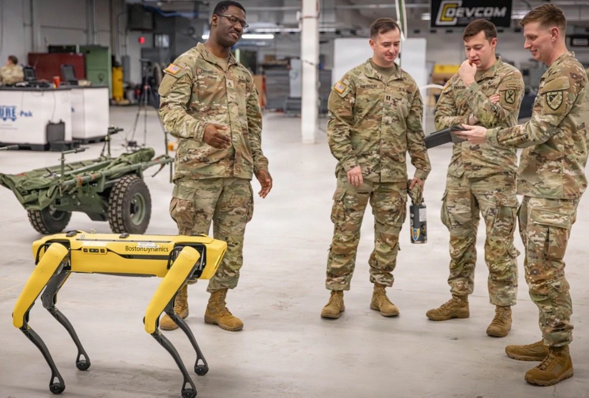 Students participating in the Robotic Autonomous Systems Leader Tactics Course (RASLT) observe a robotic system during a demonstration at the Maneuver Innovation Lab at Fort Benning, Georgia, Feb. 10, 2026.