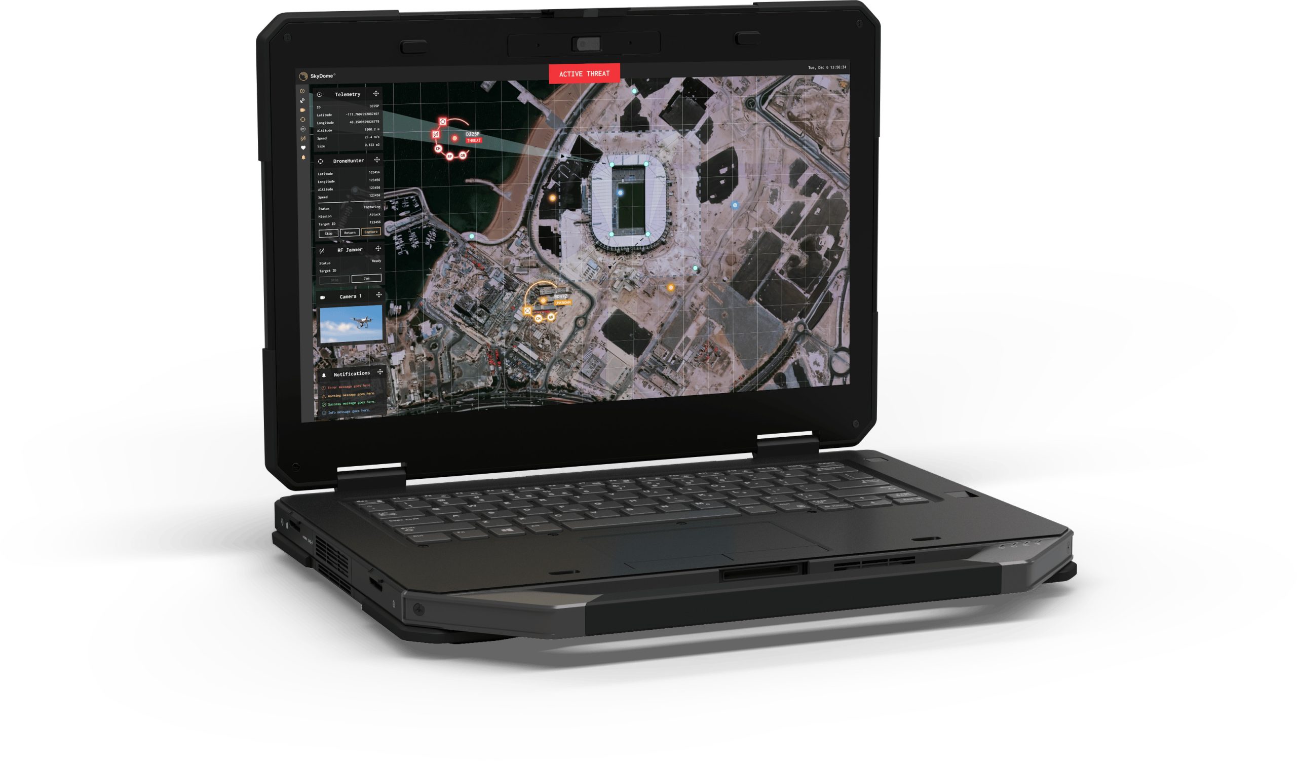 Fortem SkyDome displaying a mapping interface with an aerial view of a stadium and surrounding area, highlighting an active threat and telemetry data.