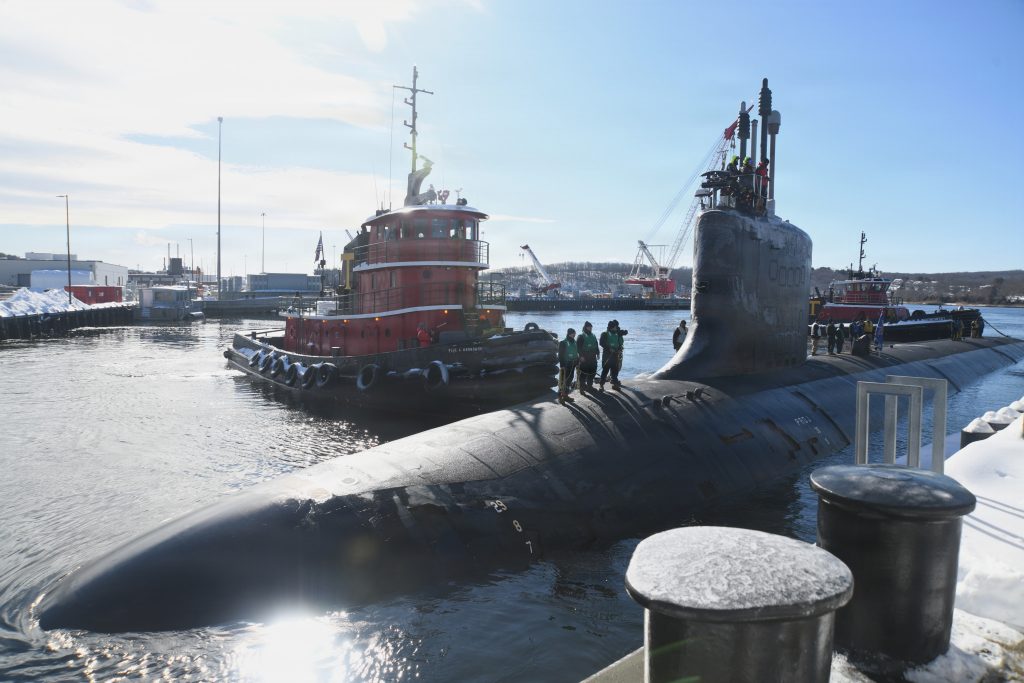 Virginia-class nuclear-powered fast-attack submarine USS California (SSN 781) moors pier side at Naval Submarine Base New London