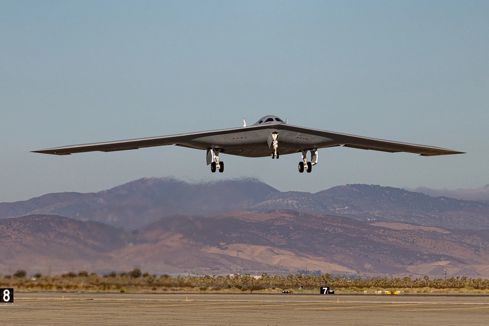 A B-21 Raider test aircraft takes off