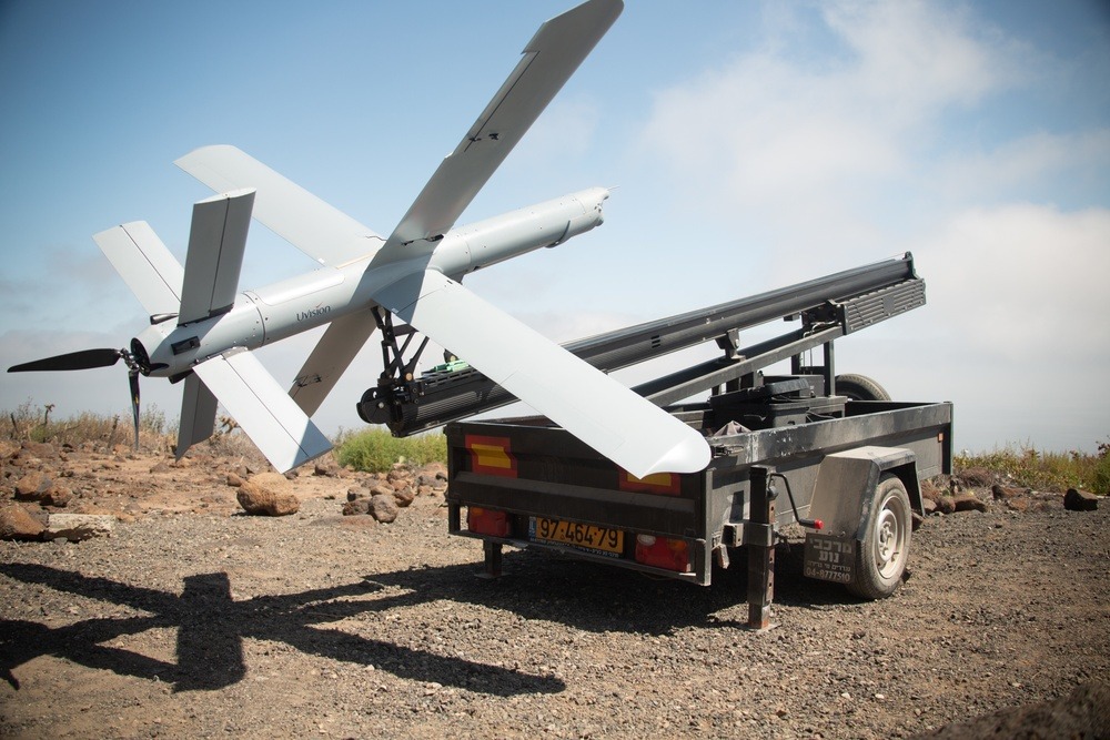 A US Marine Corps HERO-400 loitering munition drone is staged before flight.