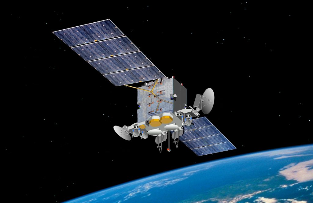 An artist rendering of the Advanced Extremely High Frequency System satellite.