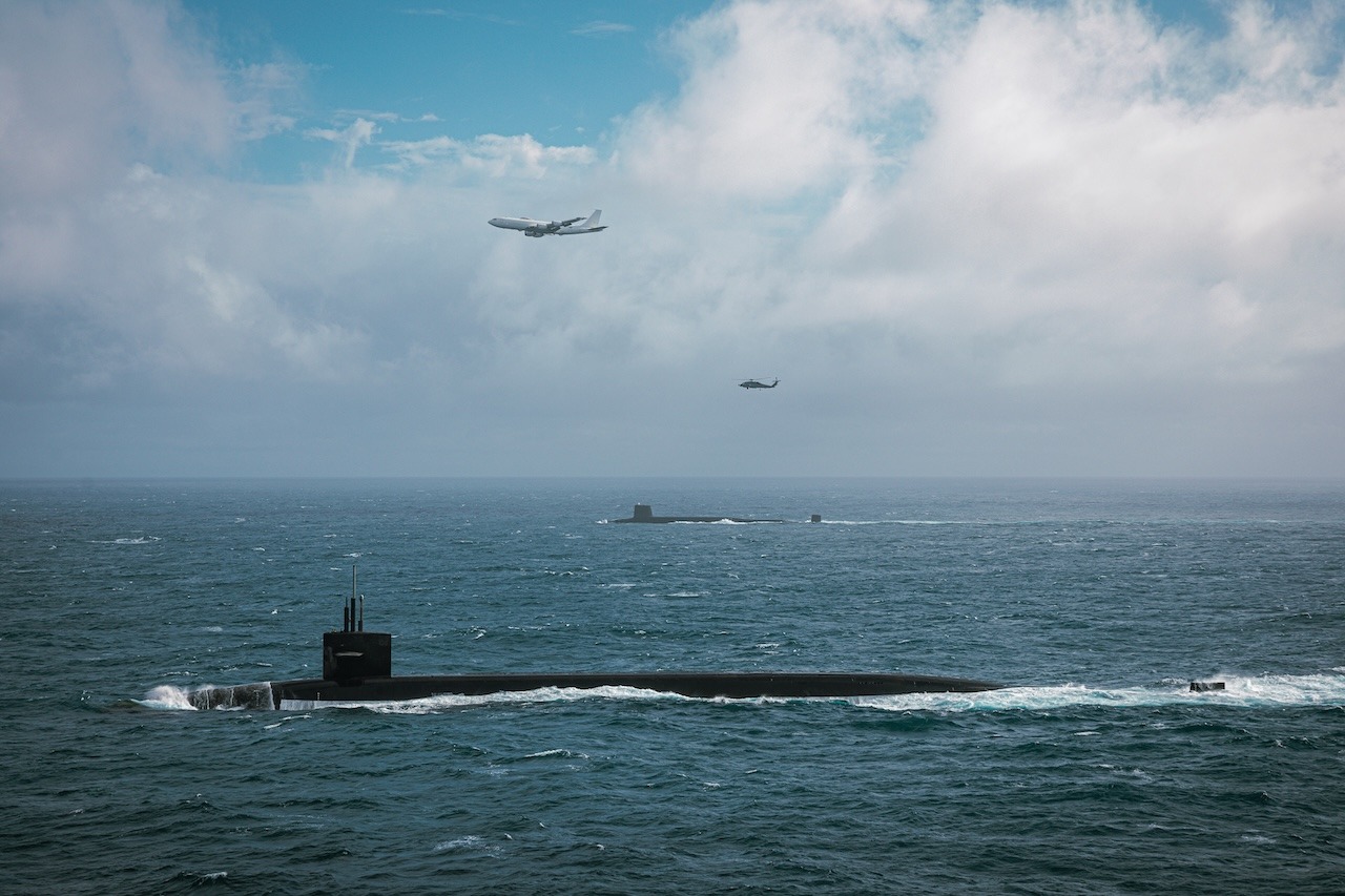 U.S. Navy Ohio-class ballistic missile submarine USS Tennessee (SSBN 734), an United Kingdom Royal Navy Vanguard-class nuclear submarine, an E6-B Mercury assigned to the 