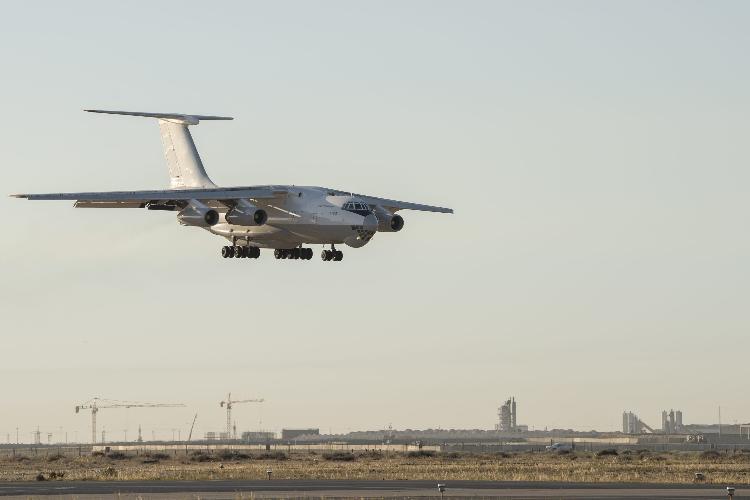An Ilyushin Il-76 prepares to land at Ali Al Salem Air Base, Kuwait, March 11, 2019. The U.S. Air Forces Central Command’s Air Mobility Division and Airlift Control Team orchestrate the utilization of commercial international heavyweight air tenders to move theater cargo providing the USCENTCOM theater an important airlift capability for cargo that cannot be load planned on military aircraft within the next 72 hours. This is the first time in more than two years the capability has been used at ASAB. (U.S. Air Force Photo/Tech. Sgt. Robert Cloys)