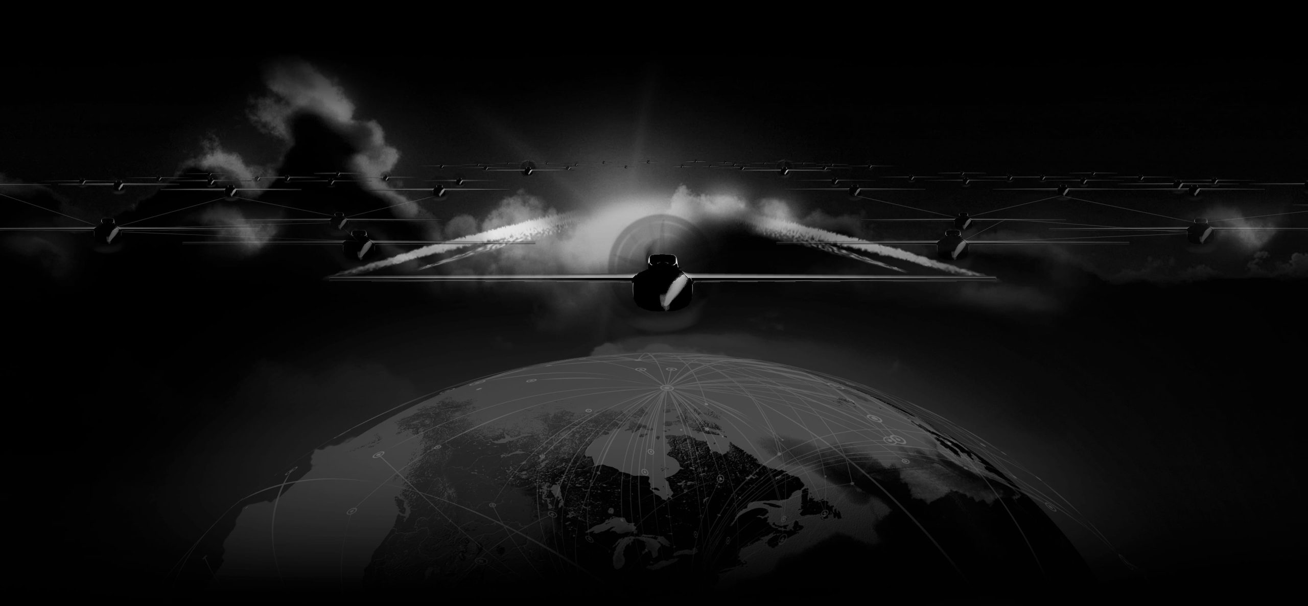 Dark cinematic render of a large-scale unmanned drone swarm formation flying above Earth, with global connectivity lines suggesting networked autonomous operations